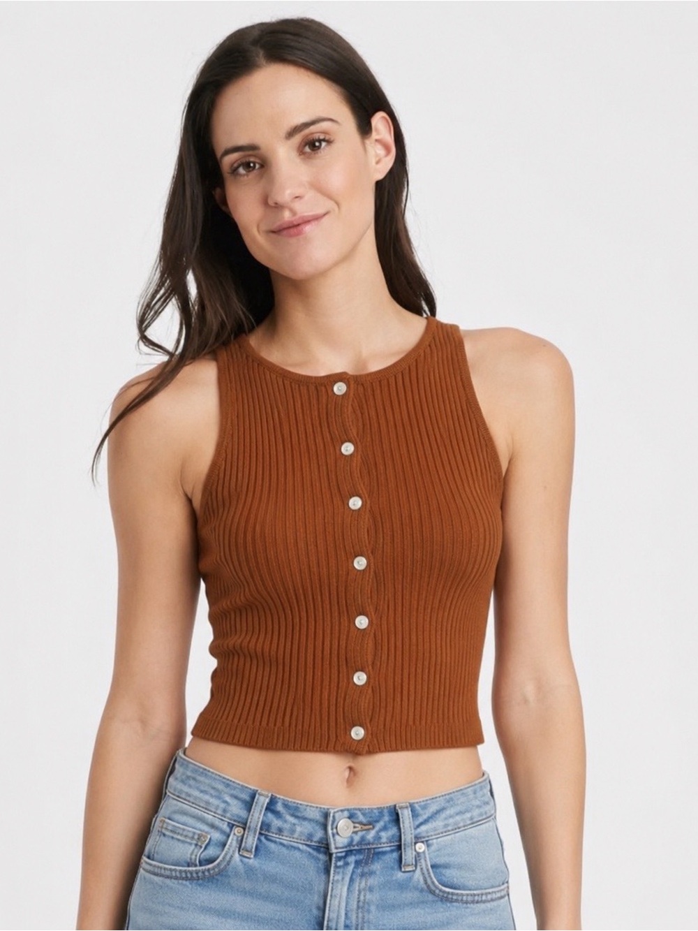 By Together Brown Ribbed Button-Front Cropped Tank Small NWT